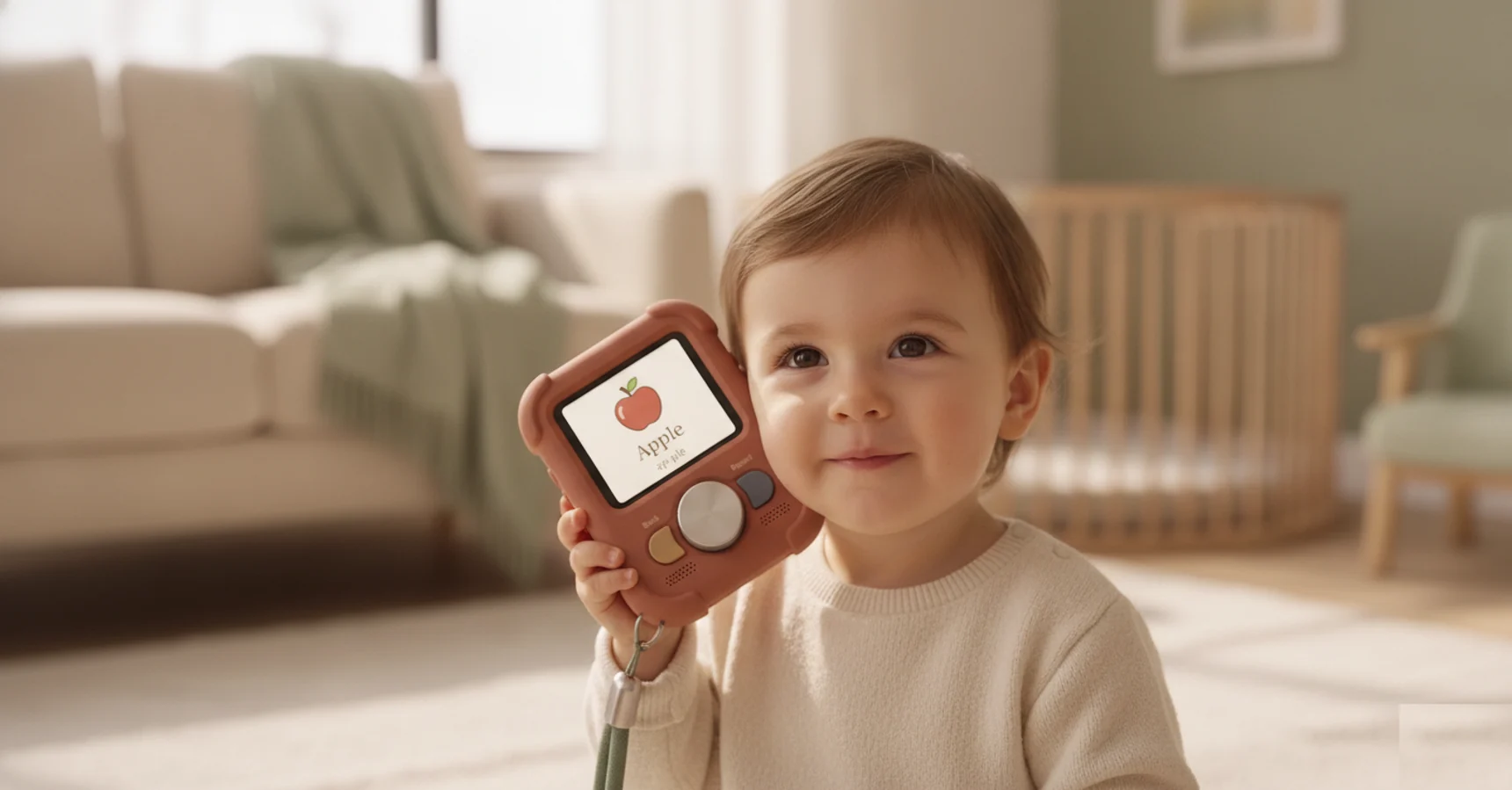 A toddler holding the Sona device to their ear, listening