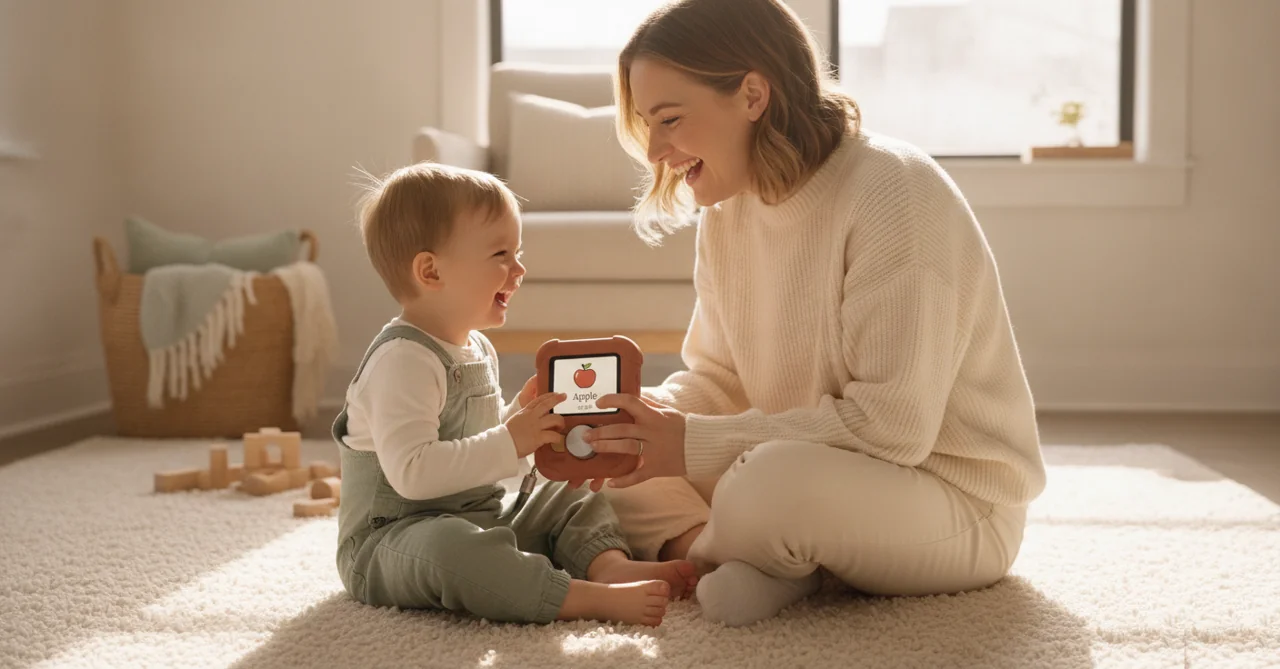 A parent and toddler laughing together with the device