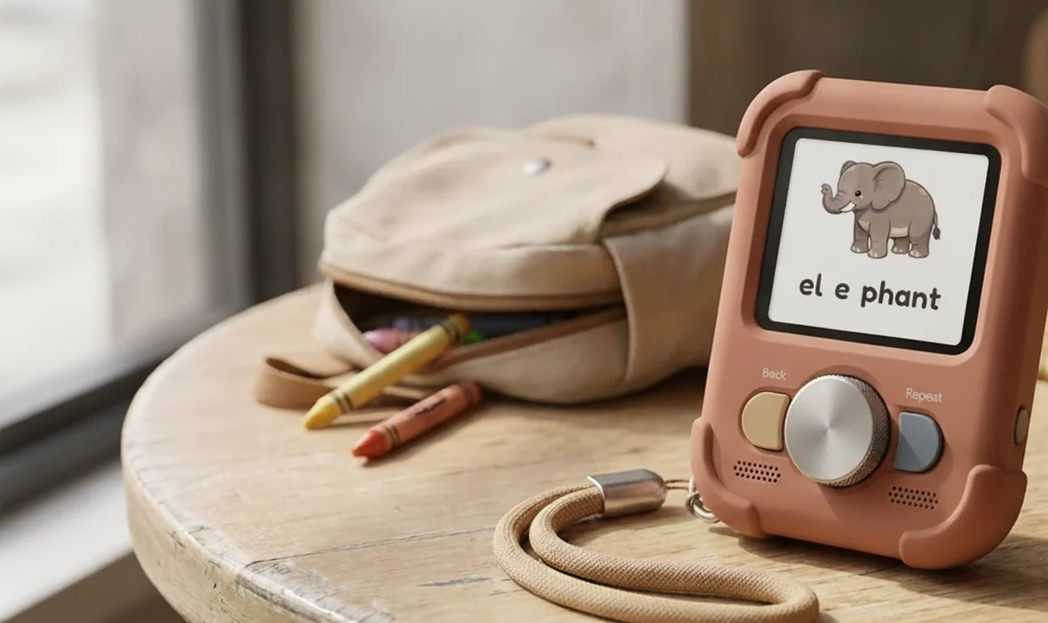 The Sona device in terracotta, its screen showing a word split into syllables